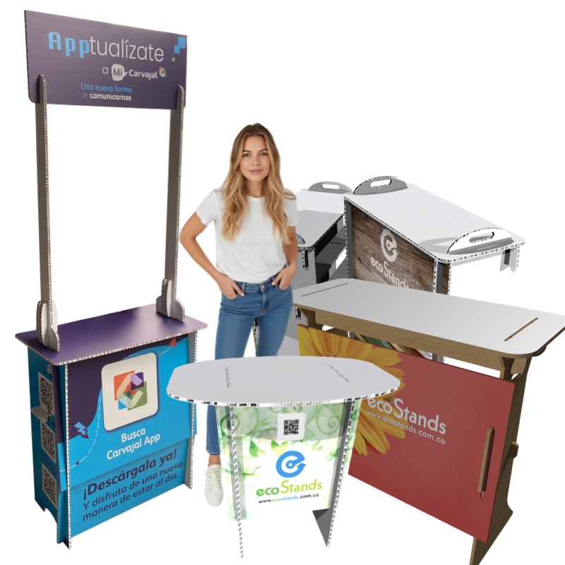 Mesas , counters, demosets publicitarios en madera y cartón eco para ferias y eventos