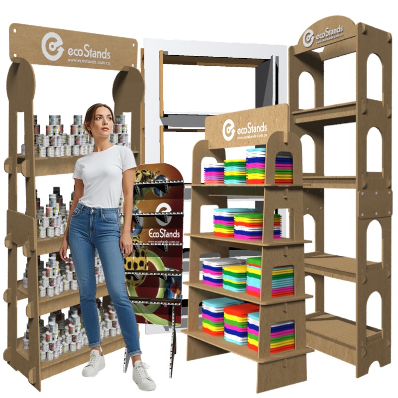 Repisas y exhibidores en madera y cartón para stand publicitarios ecológicos