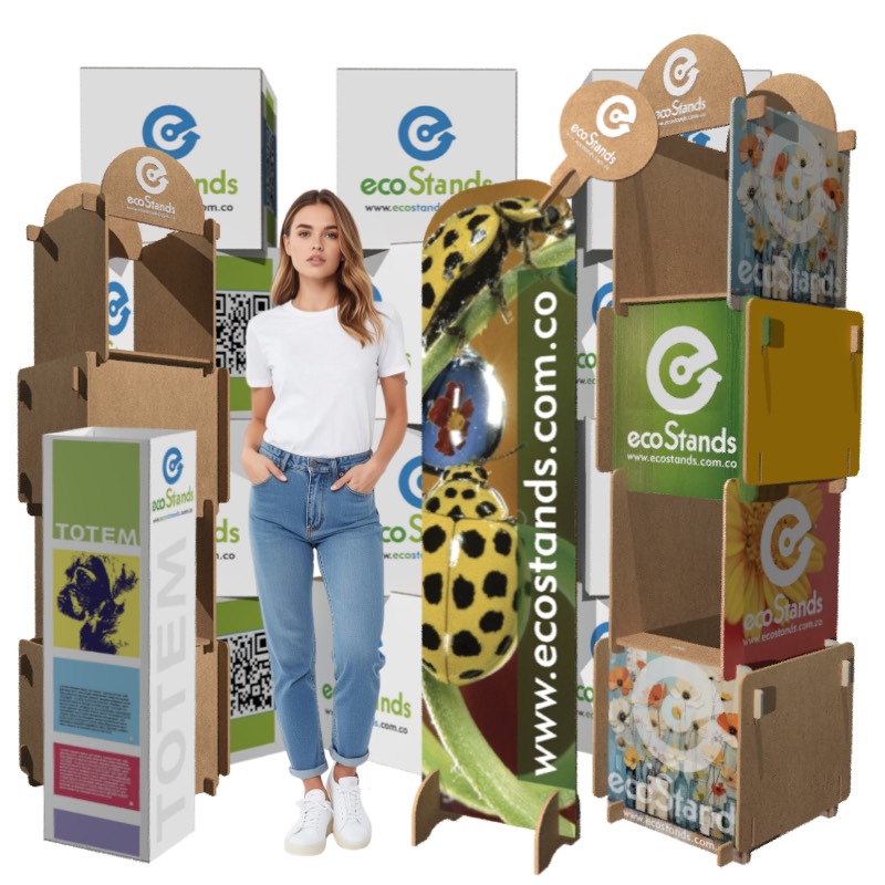 Totem publicitario en madera y cartón para stand publicitarios ecológicos